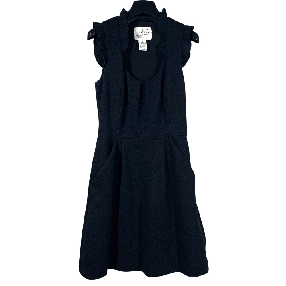 Anthropologie Tabitha Ruffle Dress Womens 2 PETITE Black Textured Pockets LBD